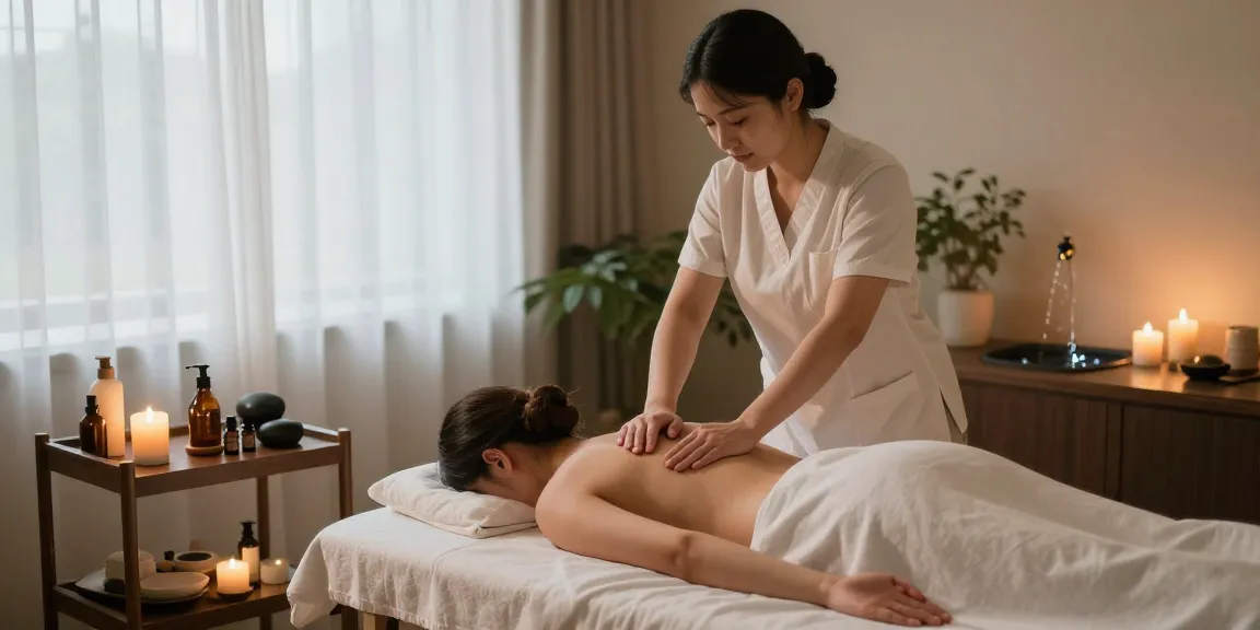 스웨디시 마사지 중인 고객과 프로 마사지사가 있는 평화로운 스파 씬