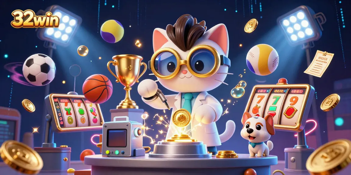 Experience the exciting 32win casino scene with mad scientist cat, golden coins, and sports elements