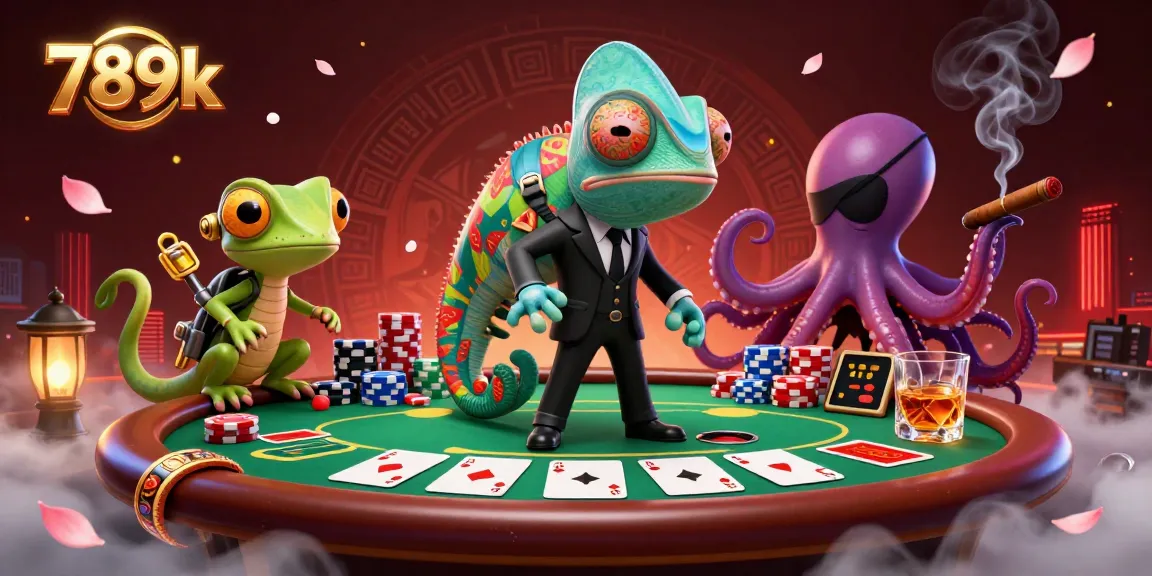 Experience the thrilling world of 789k with a vibrant casino scene featuring a chameleon, gecko, and octopus.