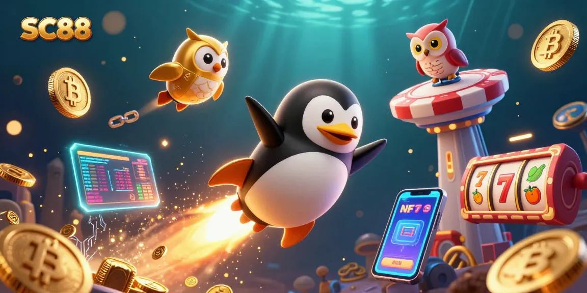 SC88 features a rocket-powered penguin in a vibrant casino-themed space scene, symbolizing gaming excitement.