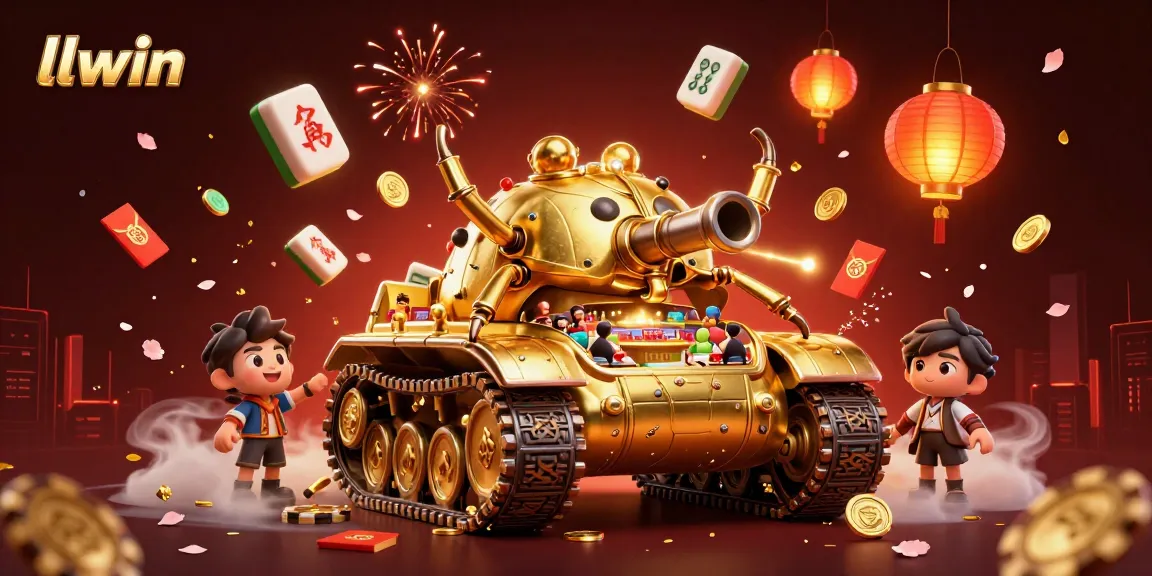 llwin jackpot celebration scene with golden beetle tank, cascading coins, and festive decorations