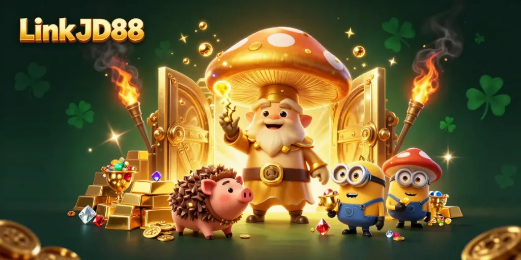 Engage with Link JD88 in a magical gold-filled casino world, featuring a wizard and treasure