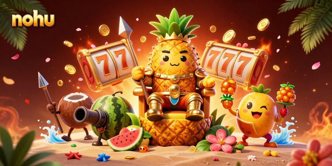 Nohu casino scene featuring a golden pineapple king, slot reels, and vibrant game elements.
