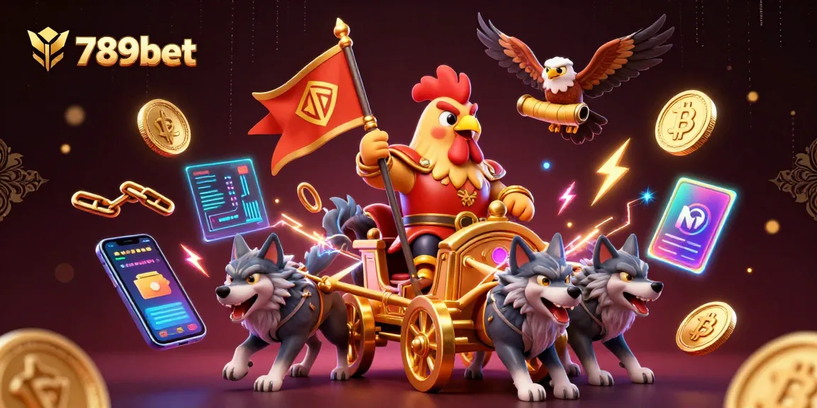 Immerse in 789bet's epic fantasy scene showcasing a rooster warlord and wolves amidst crypto elements.