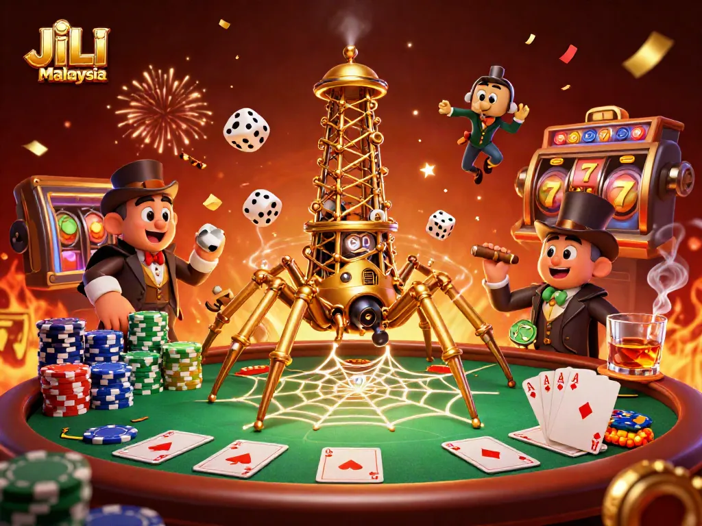 Engage with the thrilling JILI Slot Malaysia in an ultra-detailed 3D casino scene featuring a steampunk spider and charming characters.