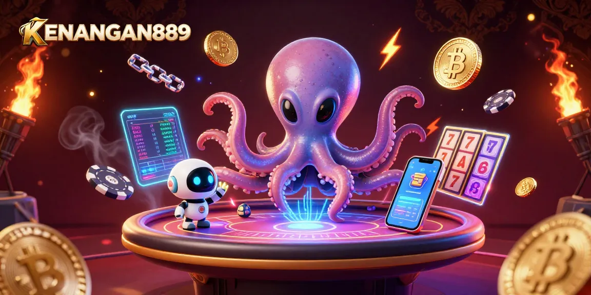 Spin the reels with KENANGAN889's alien octopus at a holographic poker table surrounded by energetic elements.