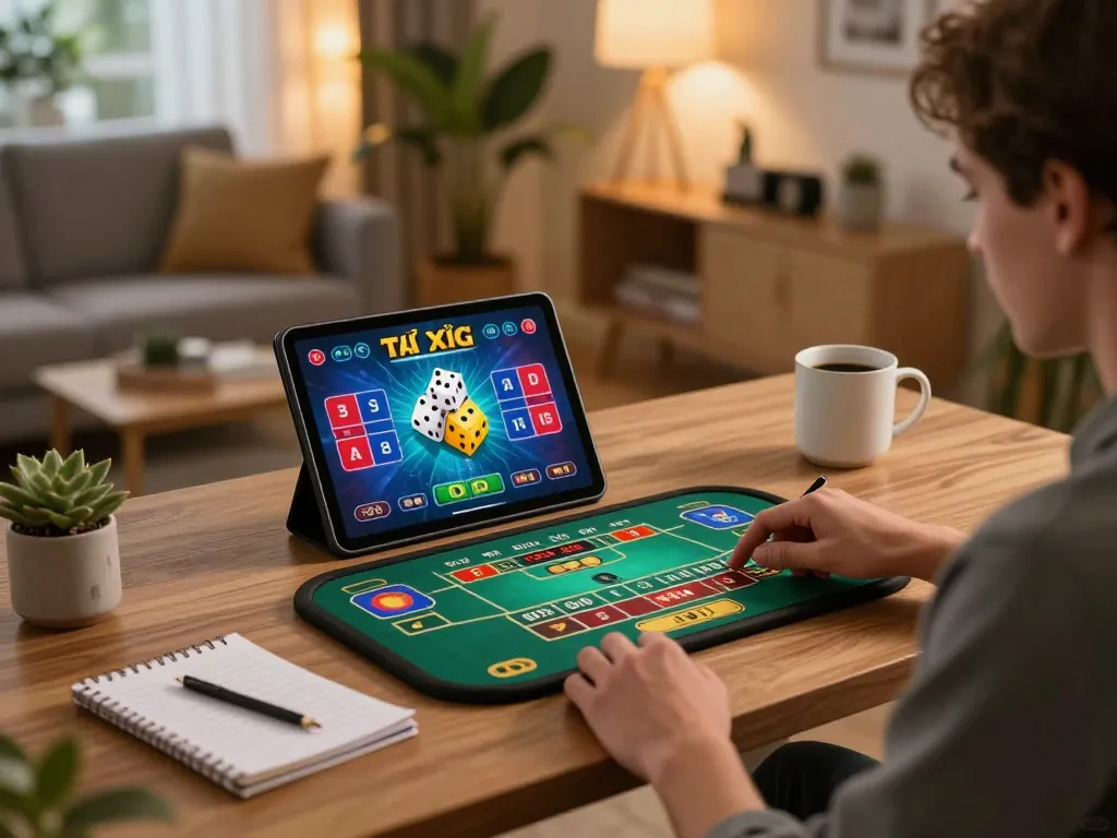A player enjoying Tài Xỉu online at home on tablet, demonstrating strategic gameplay with notes and cozy setting.