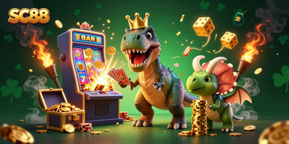 Spin the reels at SC88 with a fun 3D scene featuring friendly dinosaurs enjoying casino games and hitting jackpots!