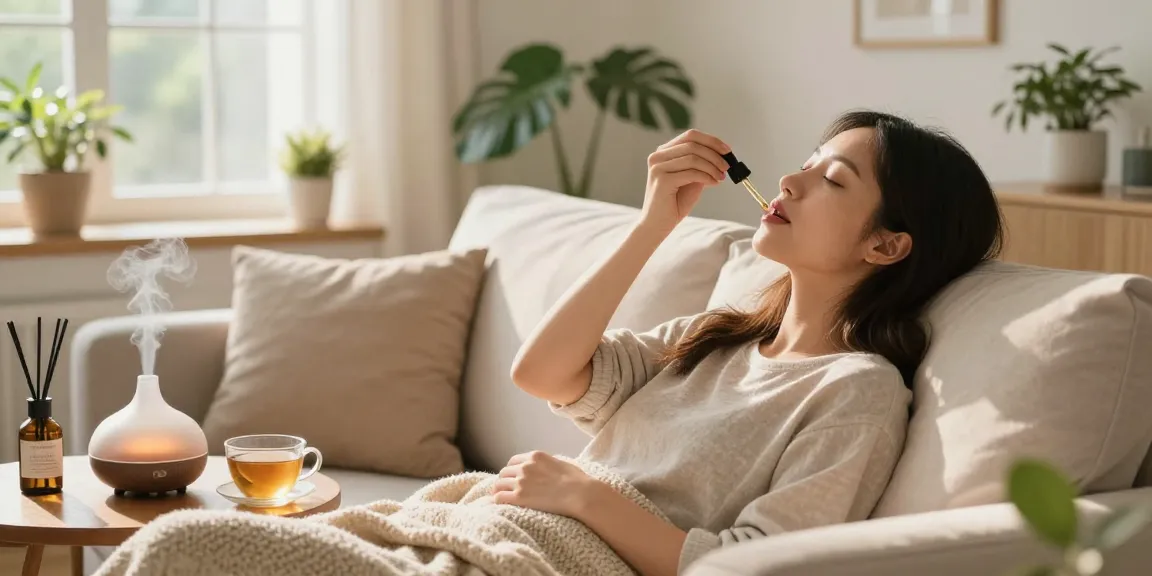 Youthful woman enjoying organic canadian cbd oil in a tranquil living room.