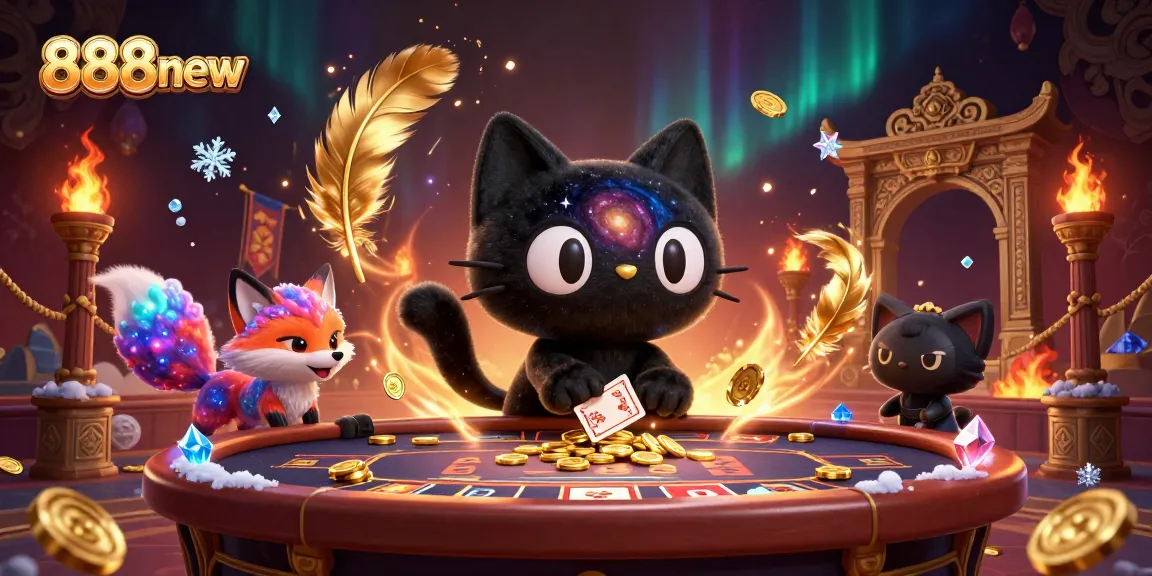 Engage in thrilling gameplay with 888new, featuring a cartoon black hole cat at a cosmic casino table.