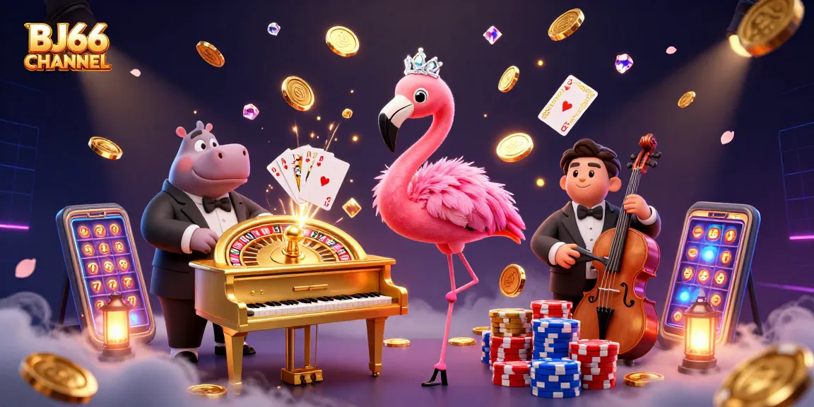 BJ66 CHANNEL showcases a vibrant casino scene with a singing flamingo and hippo bassist, vibrant gambling elements.