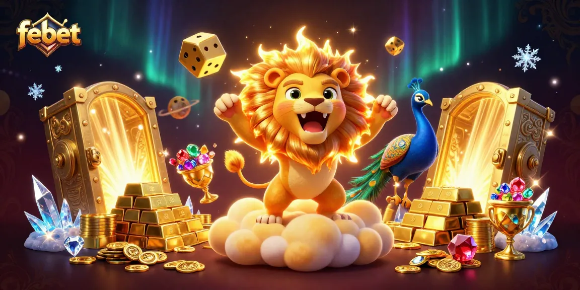 Experience big wins and excitement at febet, with a vibrant 3D casino illustration depicting gold, gems, and thrilling gameplay.