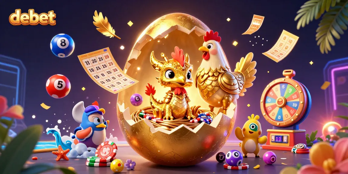 Engage with debet's exciting gaming scene featuring a golden dragon, poker chips, and dynamic lottery elements.