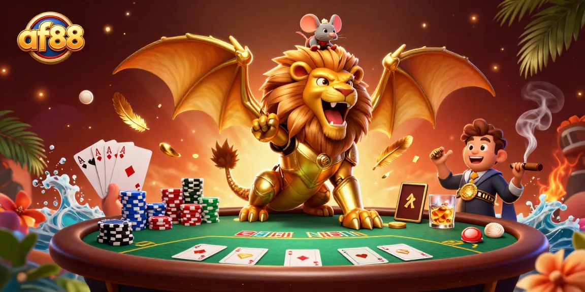 Join the excitement at af88 with a thrilling poker showdown featuring a majestic chimera and mouse jockey.