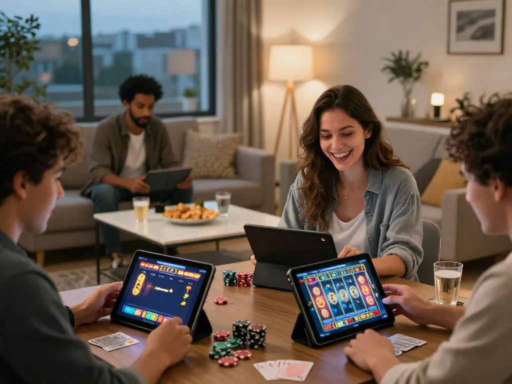 Diverse players enjoying casino bonus sans depot in a cozy living room with gaming devices and vibrant slot screens.