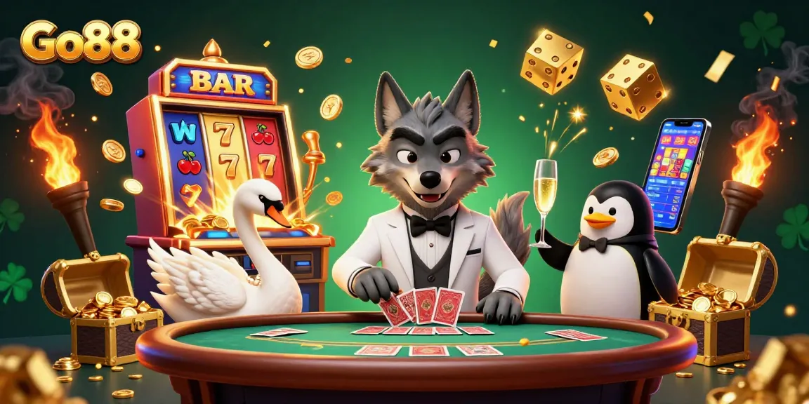 Join the excitement at Go88's vibrant casino with a wolf, swan, and penguin in action.