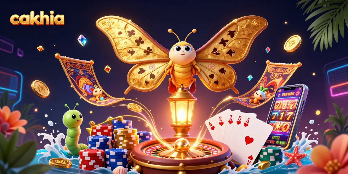 Cakhia showcases a captivating 3D casino scene with a moth, coins, and roulette elements.