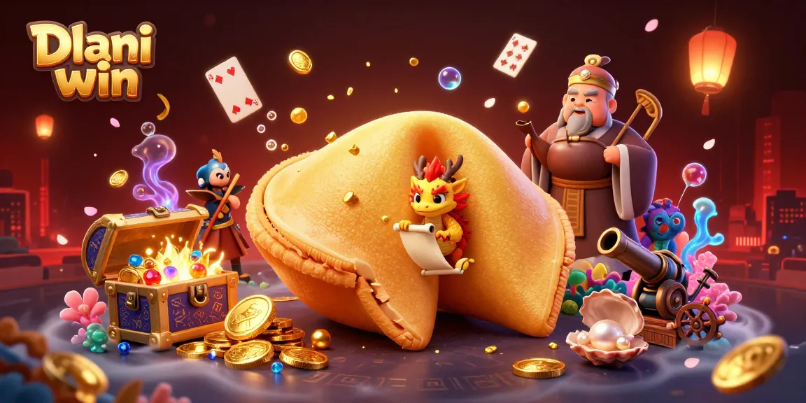 Dhani win offers thrilling gameplay with a dynamic 3D casino illustration featuring a golden fortune cookie and magical elements.
