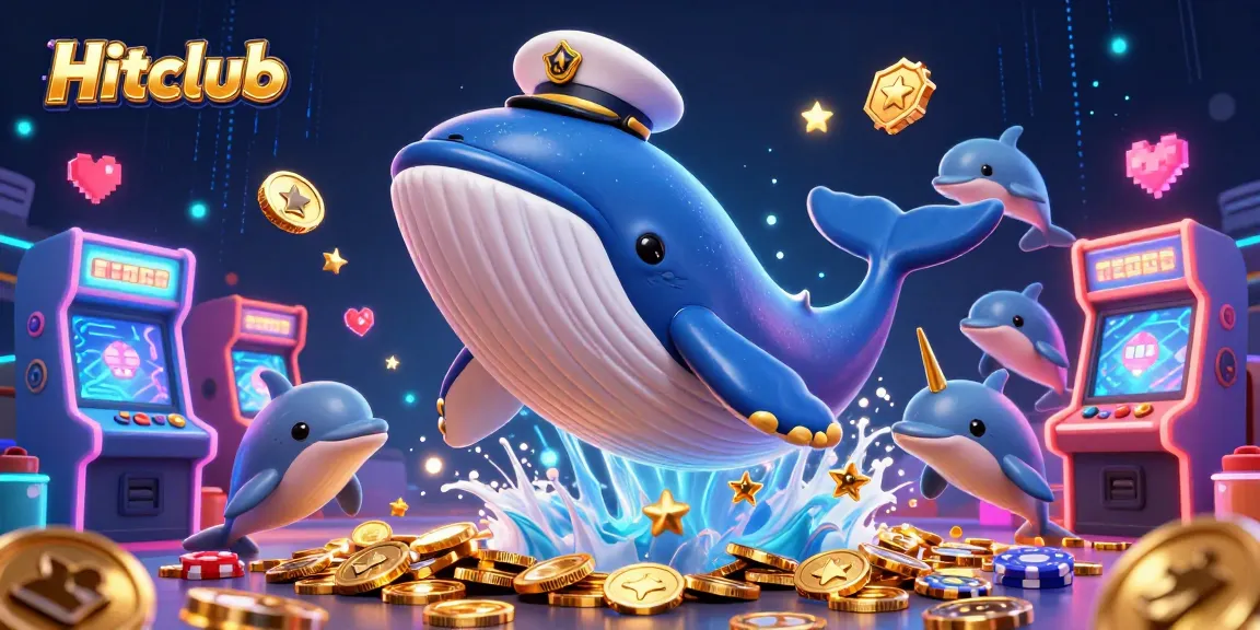 Hitclub showcases thrilling casino action with a giant whale captain and poker chip dolphins.