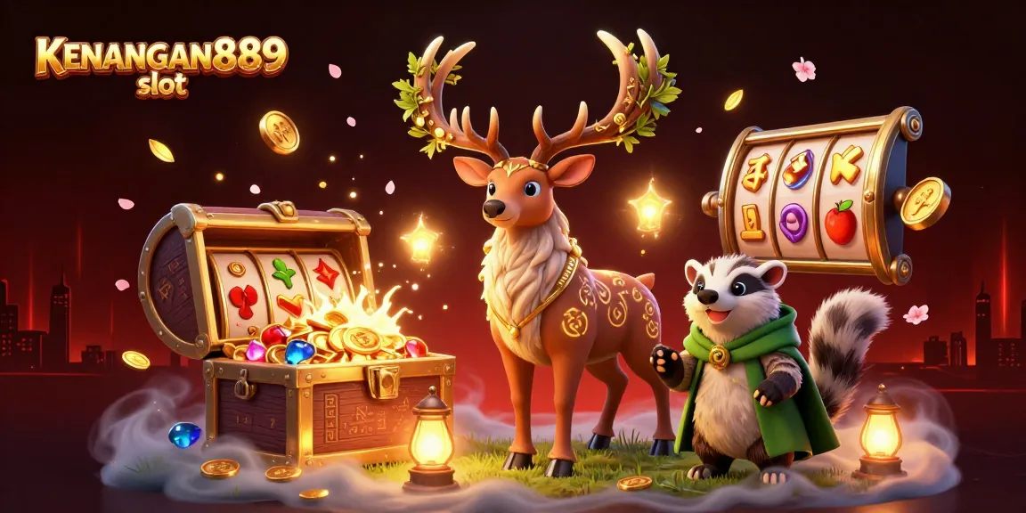 Engage with KENANGAN889 slot in a rich 3D casino scene full of vibrant game elements.