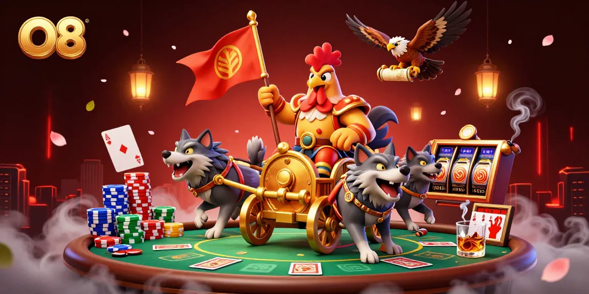 Engage in thrilling poker and slots action with the captivating O8 scene featuring the rooster warlord.