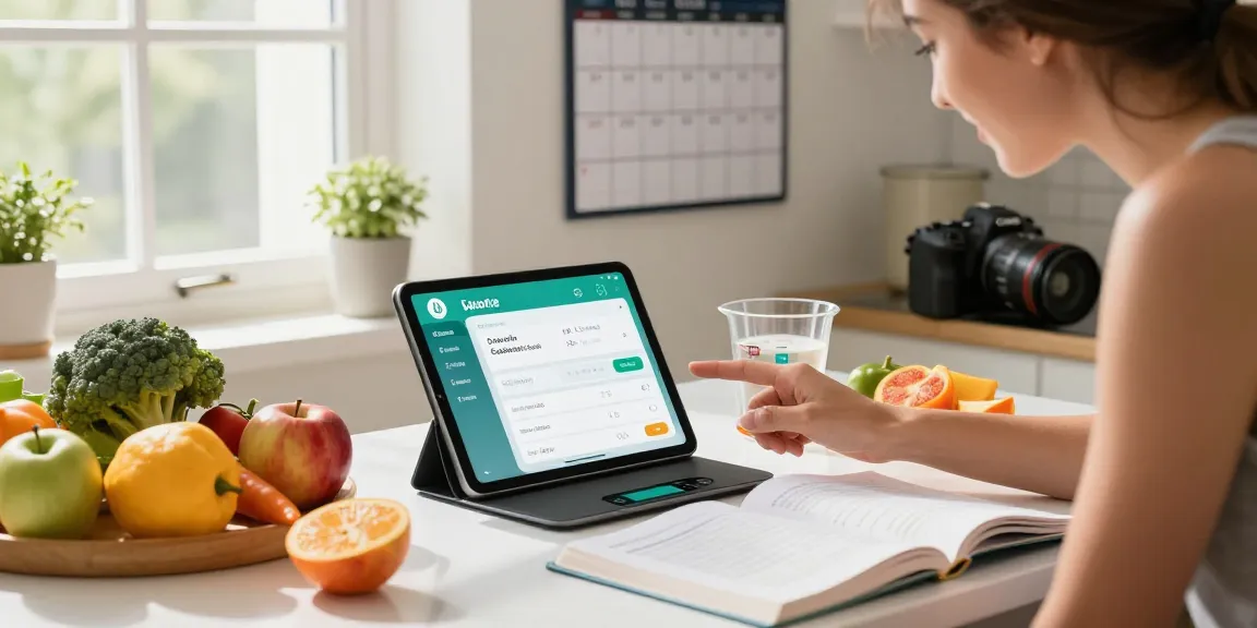 Engaged user tracking calories with the best calorie tracker in a bright kitchen.