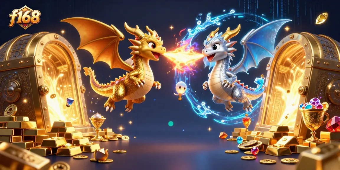 Experience the excitement of f168 with twin dragons and treasure in a vibrant casino scene.