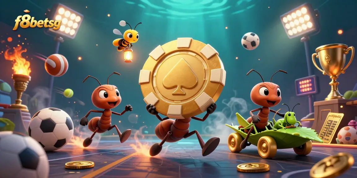 Join the fun with f8betsg as ants and friends carry off a giant golden poker chip amidst dynamic sports elements.