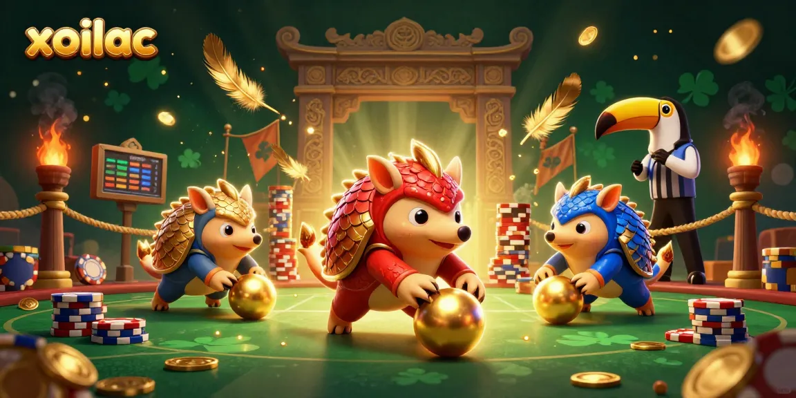 xoilac pangolins compete in a vibrant casino scene with golden coins and poker chips