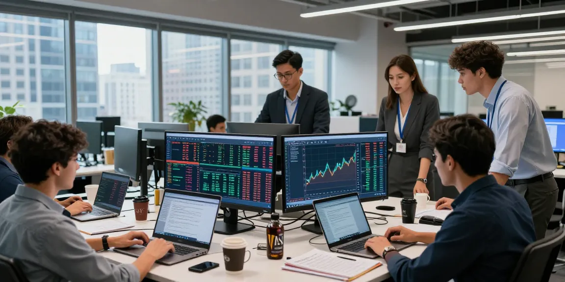 Team collaborating on trading market insights in a dynamic office environment