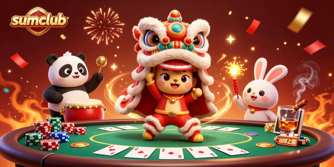 Engage with sumclub's lively casino atmosphere featuring a lion dance and poker scene.
