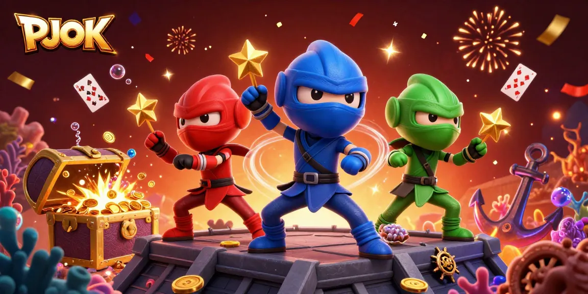 PJOK showcases a vibrant scene with a ninja chameleon team and explosive treasures, celebrating gaming success.