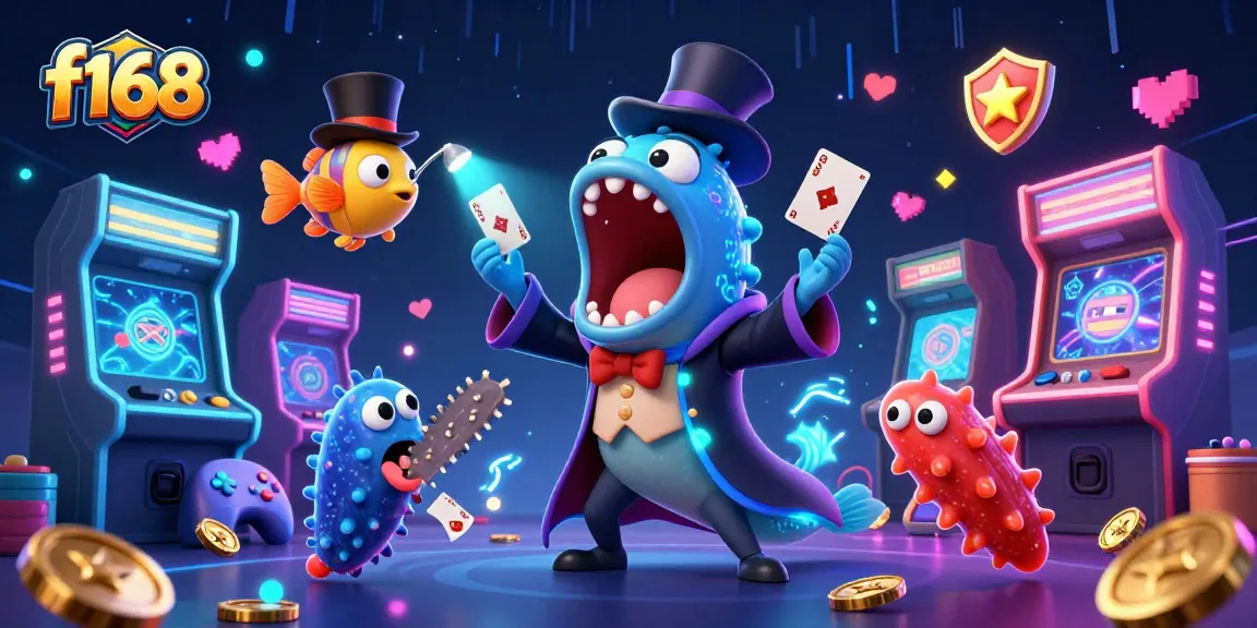 Experience thrilling card tricks by f168's bioluminescent eel in a vibrant casino-themed scene.