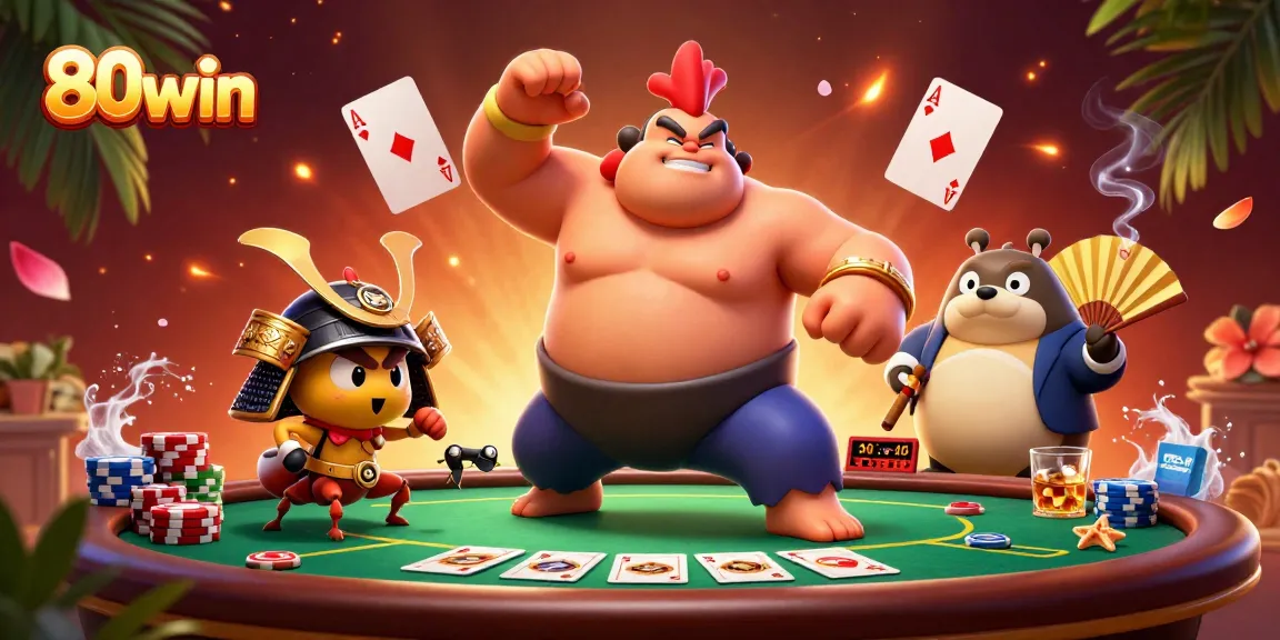 Experience thrilling action at 80win with a sumo wrestler rooster battling a samurai cricket at a poker table.