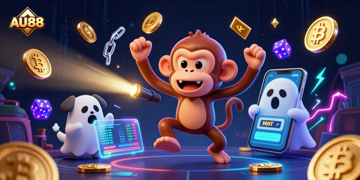 Engage in the thrilling world of AU88 with a ghostly monkey juggling coins and chips in a haunted casino setting.