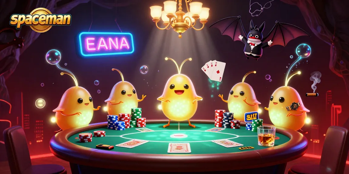 Play exciting games with spaceman while enjoying vibrant poker table action in a casino-themed illustration.