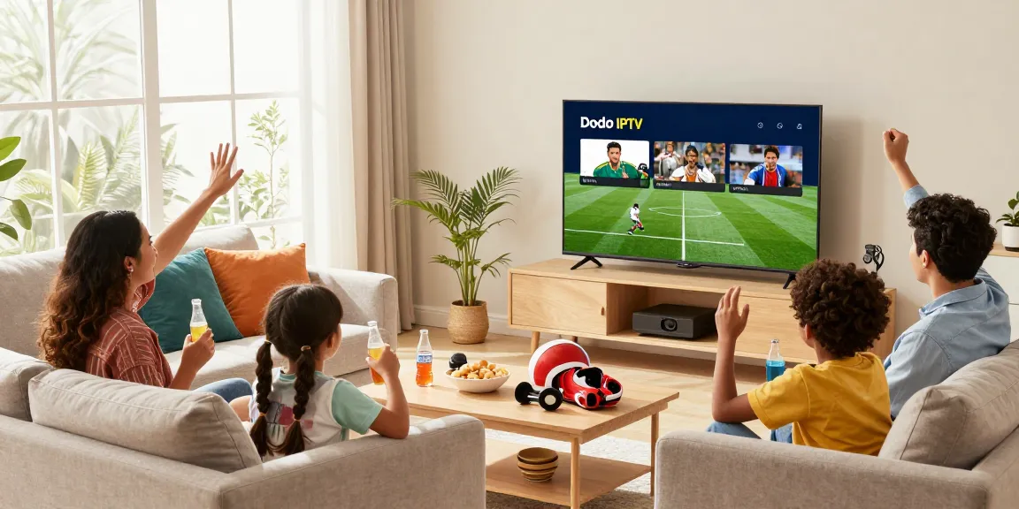 Family enjoying live sports together using their iptv subscription in a cozy living room.