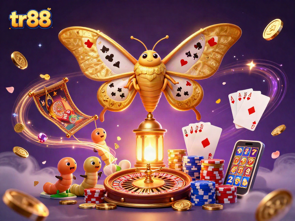 Spin to win at tr88 with a vibrant 3D illustration of casino elements and golden prizes.
