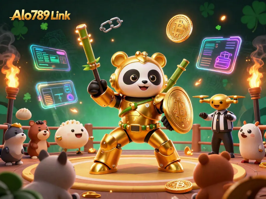 Engage with Alo789 Link in a vibrant cockfighting arena featuring dynamic 3D characters and crypto elements.