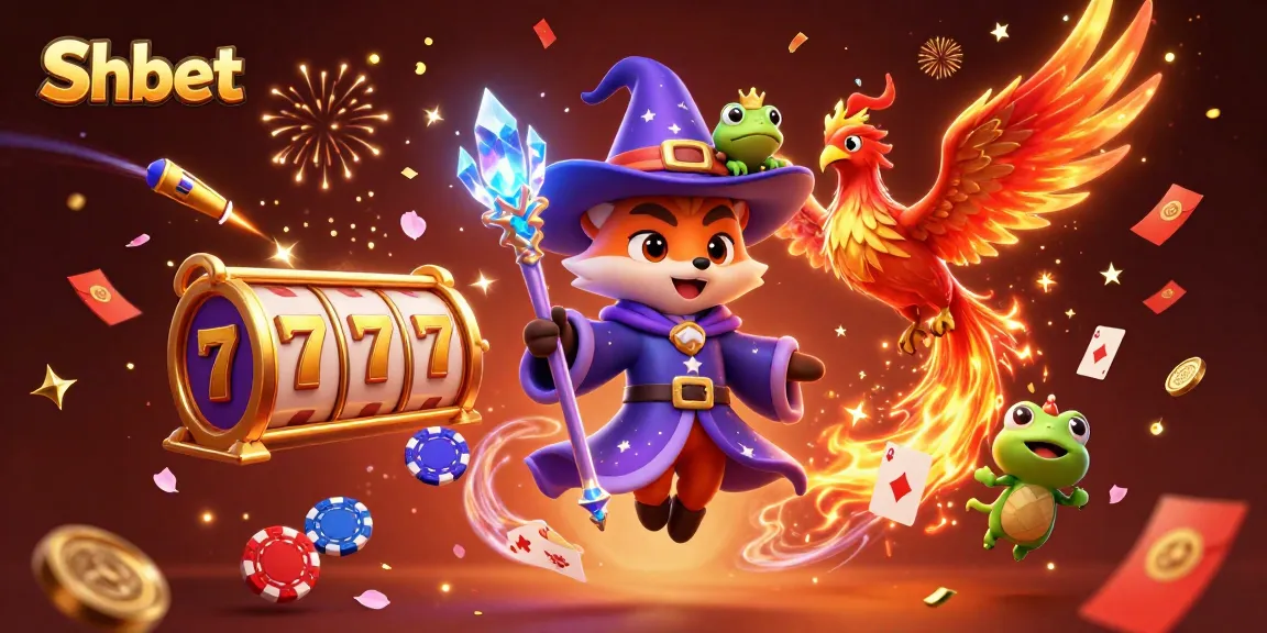 Engage in exciting gameplay at Shbet with vibrant slot reels, poker chips, and magical characters.