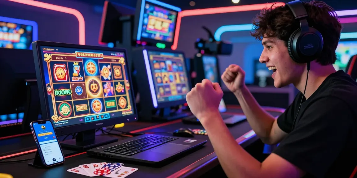 Player celebrating a jackpot win while enjoying HWGSLOT online gaming experience with vibrant visuals.