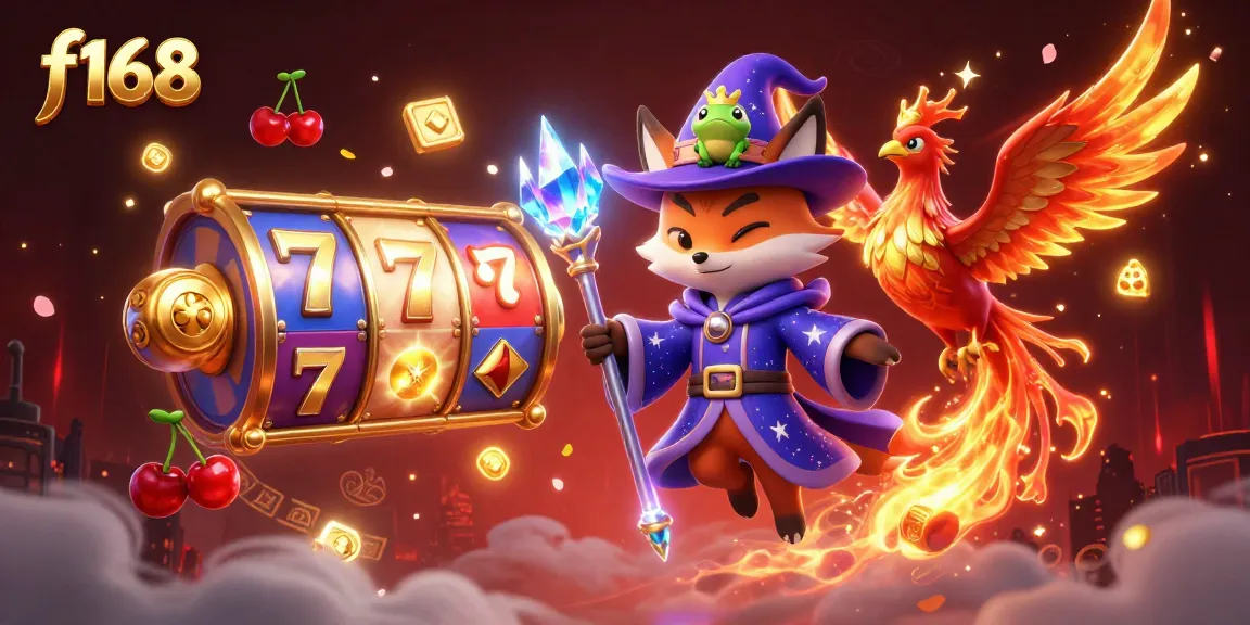 Experience the thrill of f168 with a magical scene featuring a wizard fox, phoenix, and vibrant slot elements.