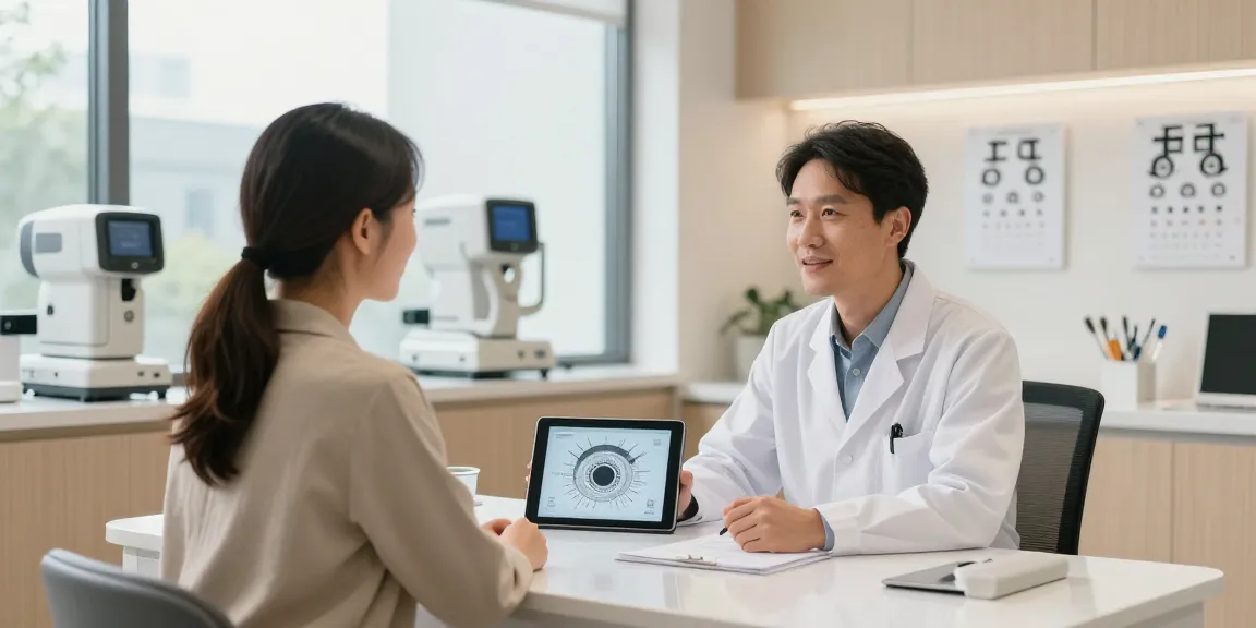 올레이저 라섹 디시 consultation at a modern eye clinic with patient and doctor discussing treatment.
