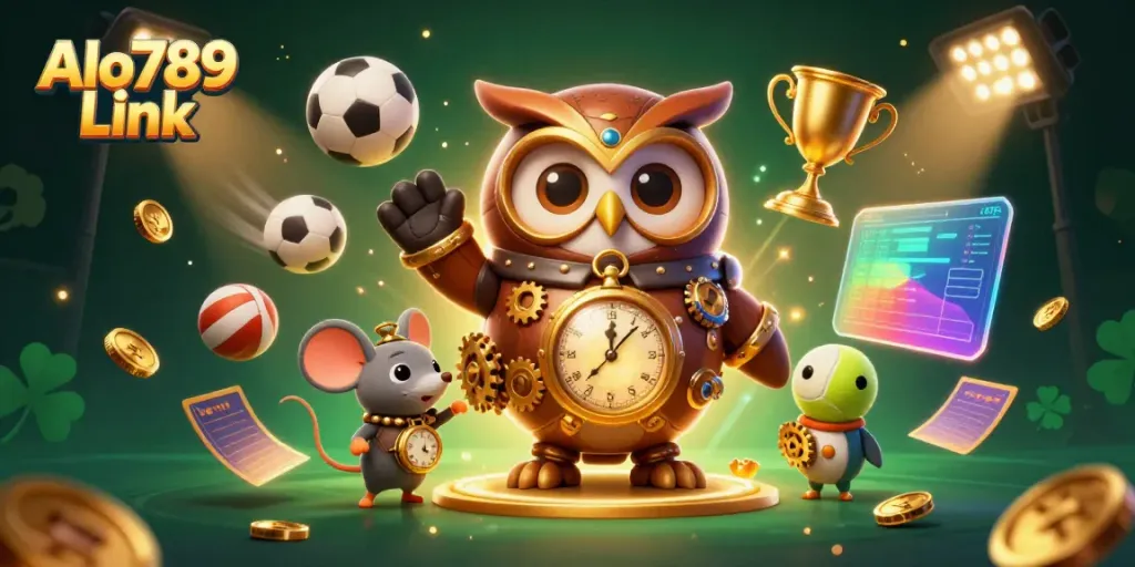 Win big with Alo789 Link, showcasing a vibrant 3D casino scene with owl and mouse characters.