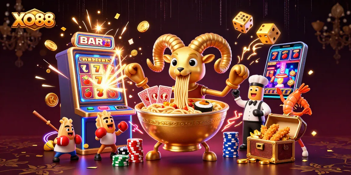 XO88's vibrant casino excitement with a giant ramen bowl dealer and a burst of winning symbols.