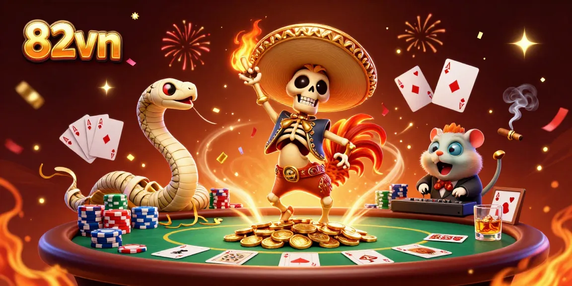 Experience thrilling wins at 82vn with vibrant characters dancing on golden coins amidst gambling excitement.
