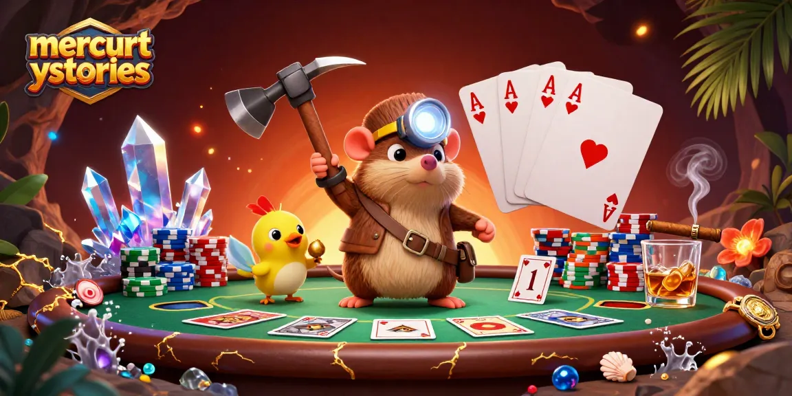 Experience the exciting world of mercurystories with a colorful cartoon scene featuring a treasure hunter mole at a vibrant poker table.