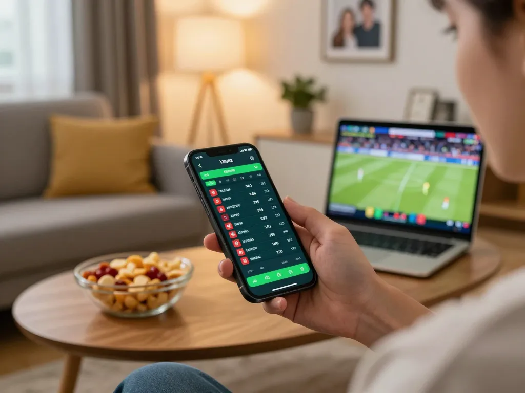 Betting on RR88 sports app with live odds in a cozy home setup.