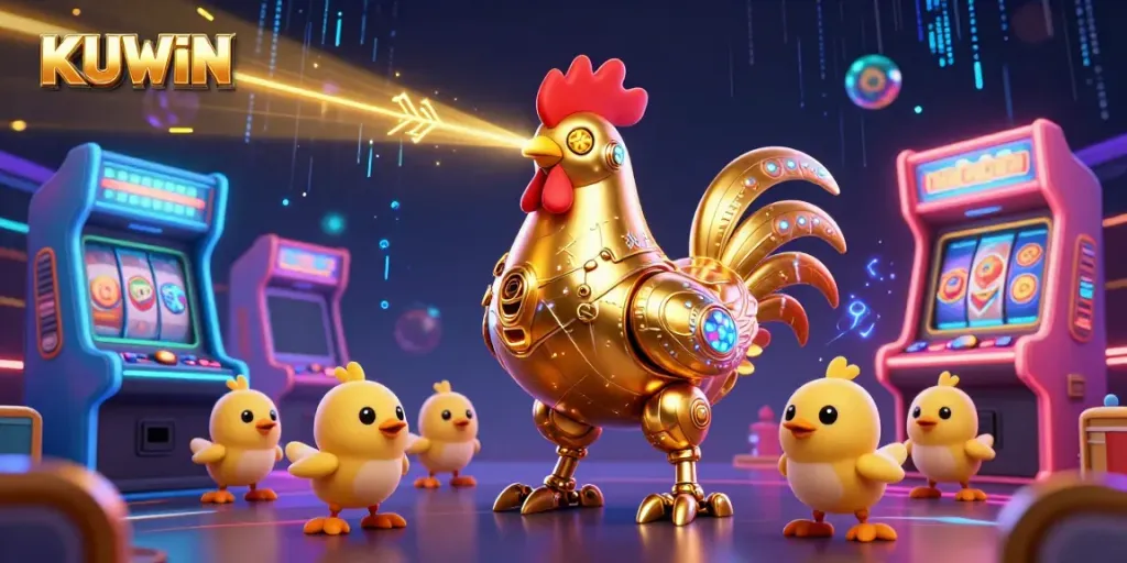 Engage with the exciting universe of KUWIN, featuring a golden rooster robot and chick drones amidst vibrant casino gaming elements.