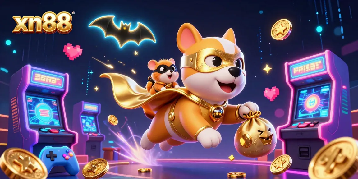 Win big with xn88 in a vibrant casino adventure featuring 3D superhero dog and gaming elements.
